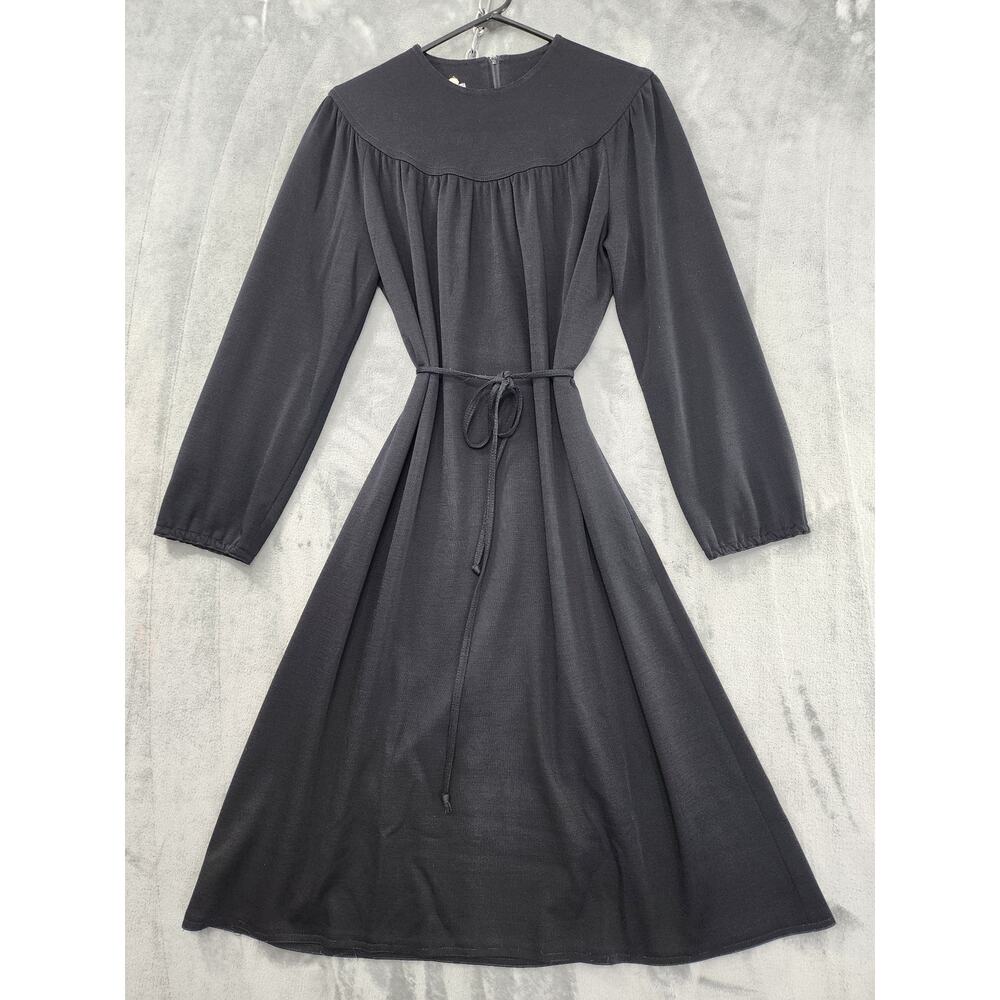 Vintage Caron Chicago Dress Women 12 Black Balloon Sleeve Tie Waist Goth Puritan